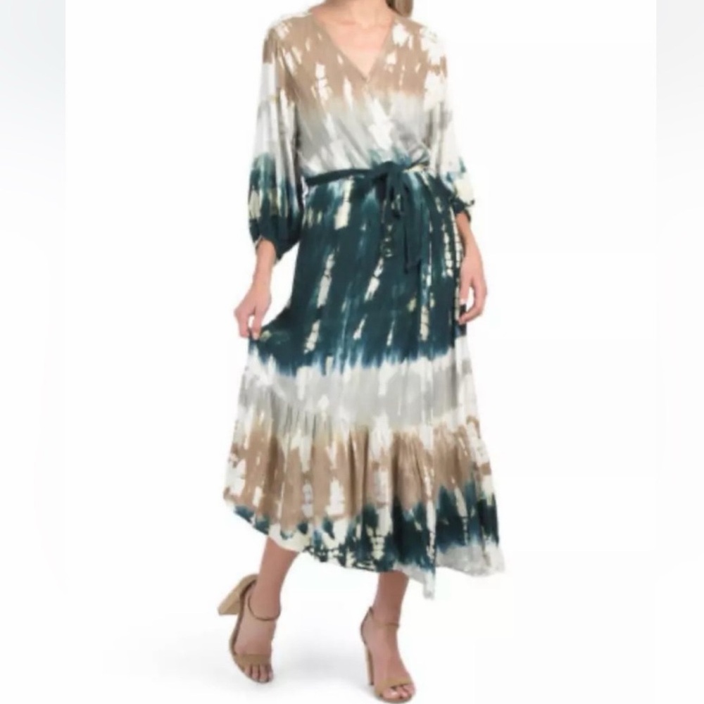 Young Fabulous & Broke Boho Tie Dye V-Neck Tiered Midi Faux Wrap Dress